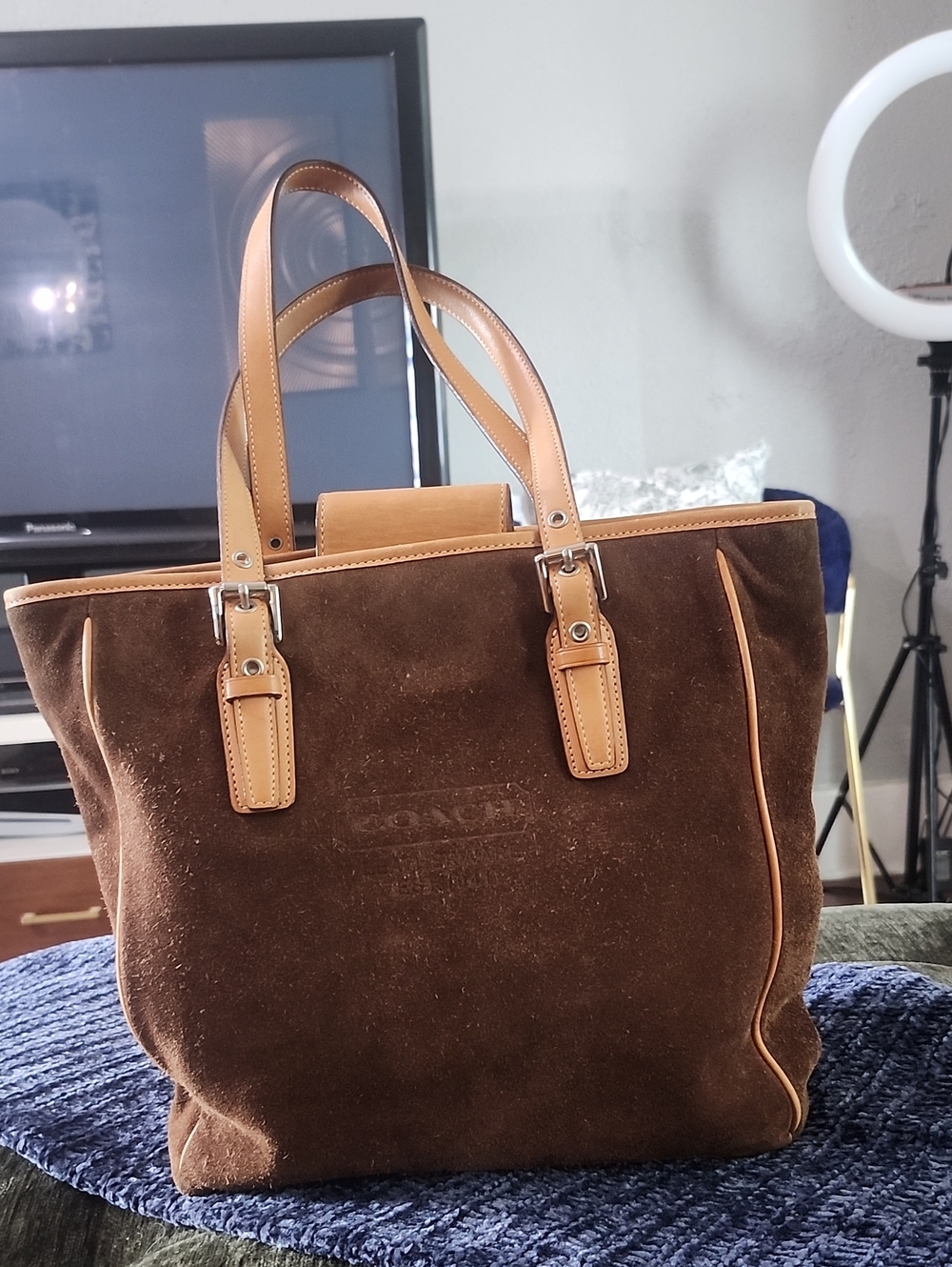 Coach Vintage Brown Suede Tote 1992! with Tan Leather Trim and Handles